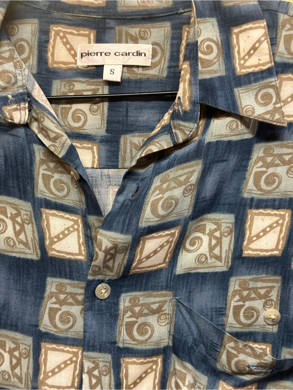 Pierre Cardin Blue and Tan Geometric Short-Sleeve Shirt
